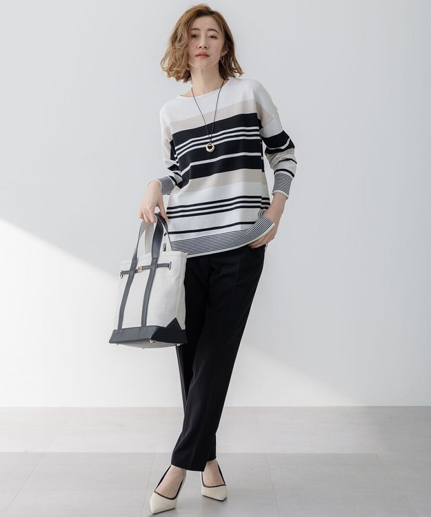 23区 【洗える】コットンポリエステルストレッチ オーバーサイズ ニット オフ×ブラック