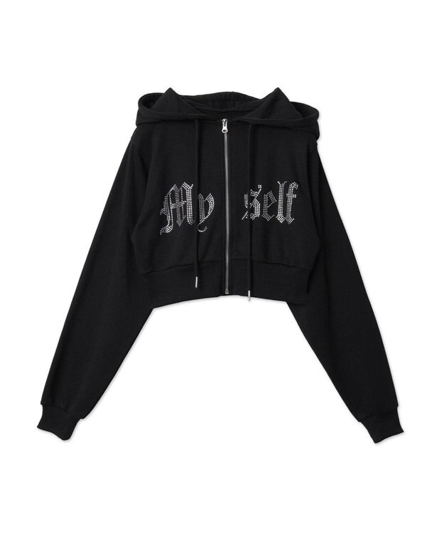 WEGO ラインストーンWジップショートパーカー ブラック