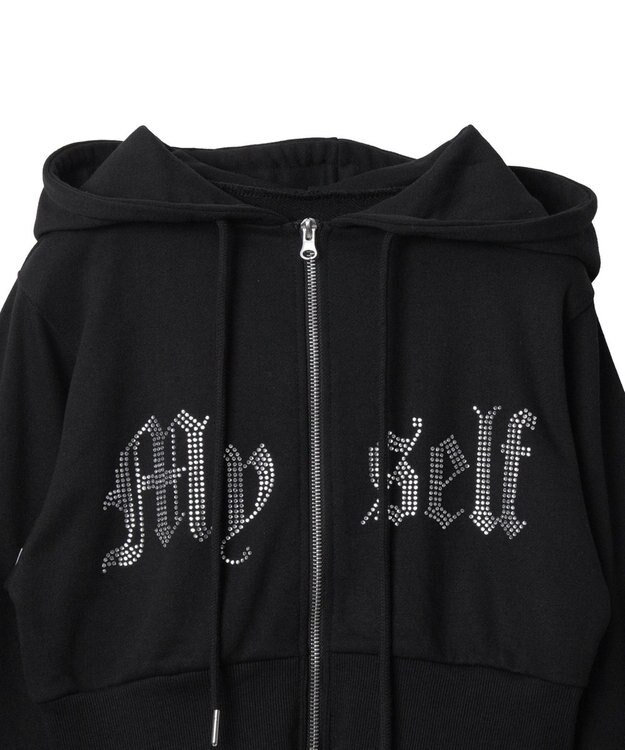 WEGO ラインストーンWジップショートパーカー ブラック