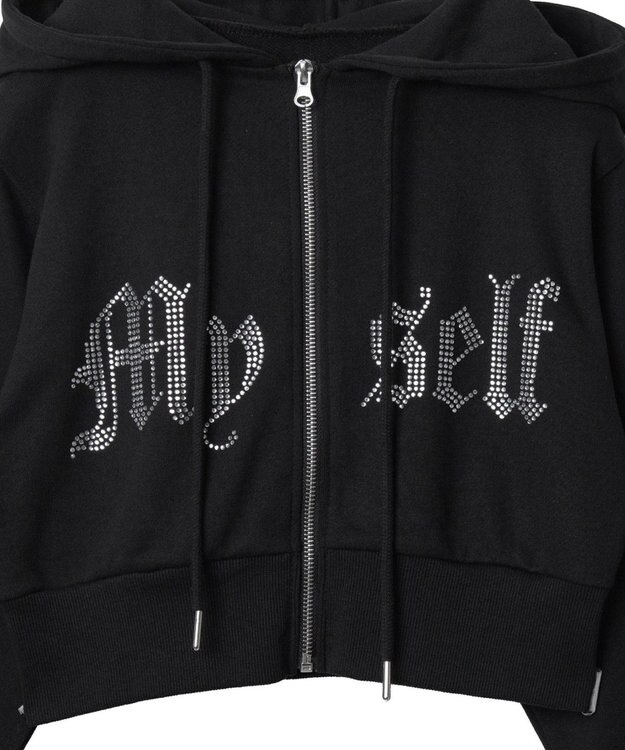 WEGO ラインストーンWジップショートパーカー ブラック