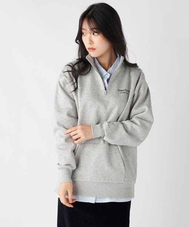OP／FILA 【ocean pacific】Daily Cozy/あったか裏起毛ハーフジップロゴスウェット 杢グレー