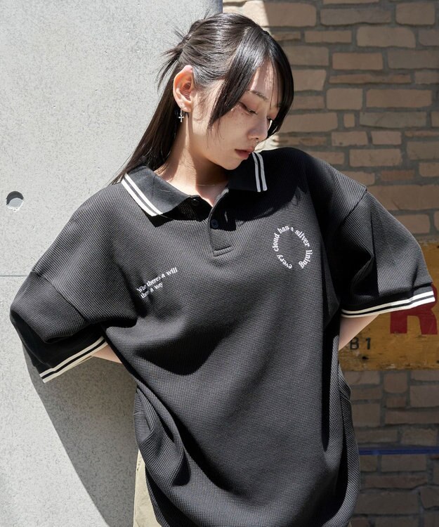 WEGO 【ユニセックス着用ITEM/MLサイズ展開】ワッフルラインポロ ブラック