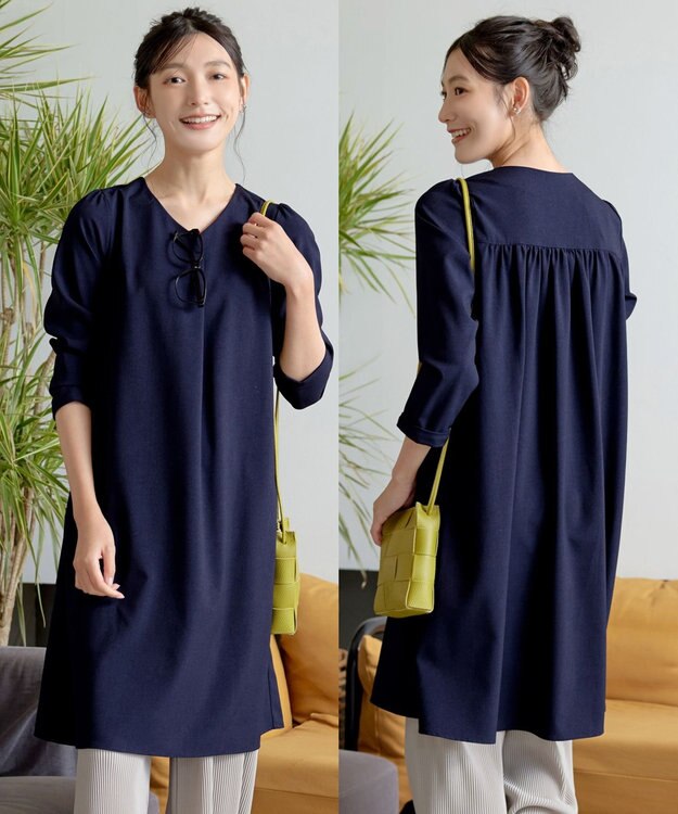 Tiaclasse 【洗える】バックギャザーハートネックAラインワンピース ネイビー