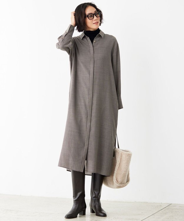 自由区 【洗える】ライトビエラシャツ ワンピース ブラウン系チェック