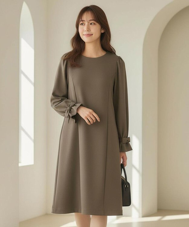 Feroux 【洗える】リボンスリーブダンボール ワンピース ダークブラウン系