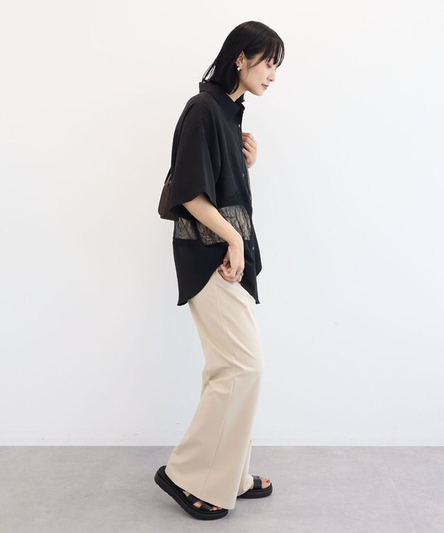 Green Parks レース切替５分袖シャツ Black