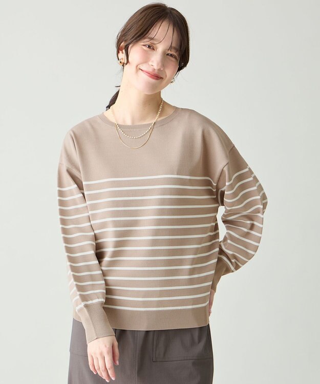 ANY スプリングカラーニットドルマンプルオーバー ベージュ×オフボーダー