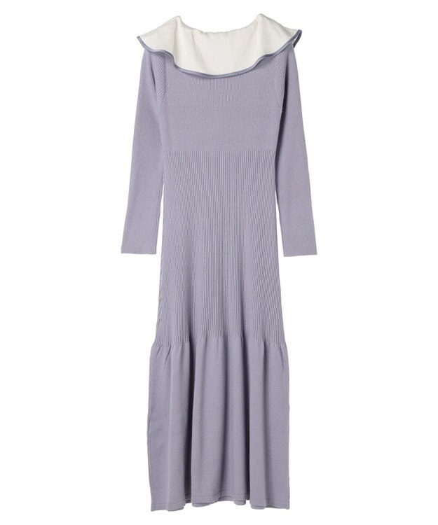 earth music&ecology パイピングフレアカラーニットワンピース Grayish Blue