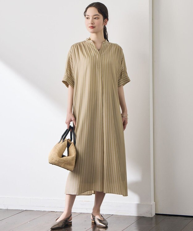 自由区 【接触冷感・UVケア・抗菌防臭・洗える】リヨセルポプリンシャツ ワンピース [新色]カーキ×オフストライプ