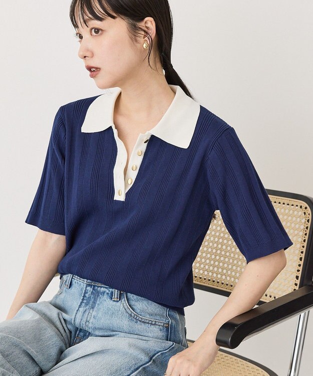 AMERICAN HOLIC 襟配色ニットポロ Navy