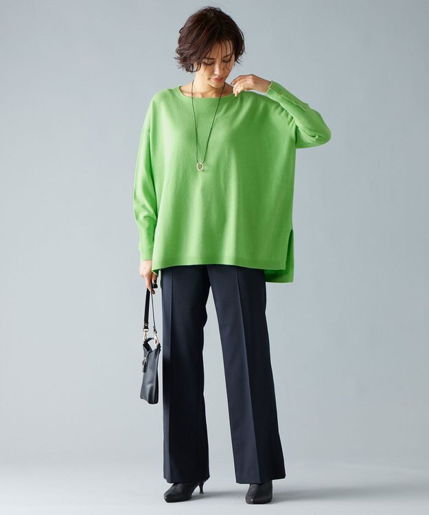 自由区 【洗える】ソフトウールハイゲージポンチョ風 ニット グリーン系