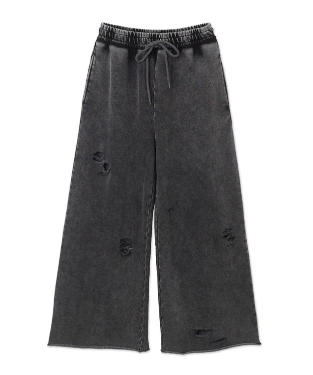 WEGO 【ウエストゴム】ダメージスウェットワイドパンツ ブラック