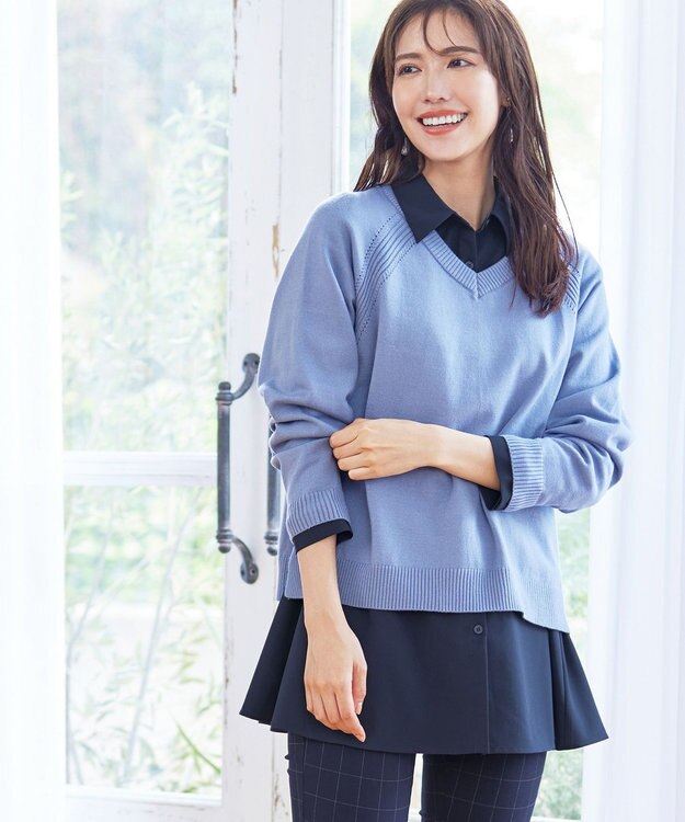 Tiaclasse 【洗える】フレアシャツチュニックブラウス ネイビー