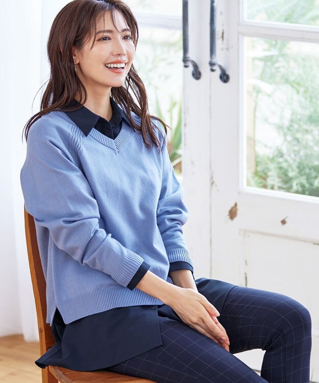 Tiaclasse 【洗える】フレアシャツチュニックブラウス ネイビー