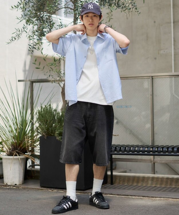 WEGO クロップドSSサッカーストライプシャツ サックス