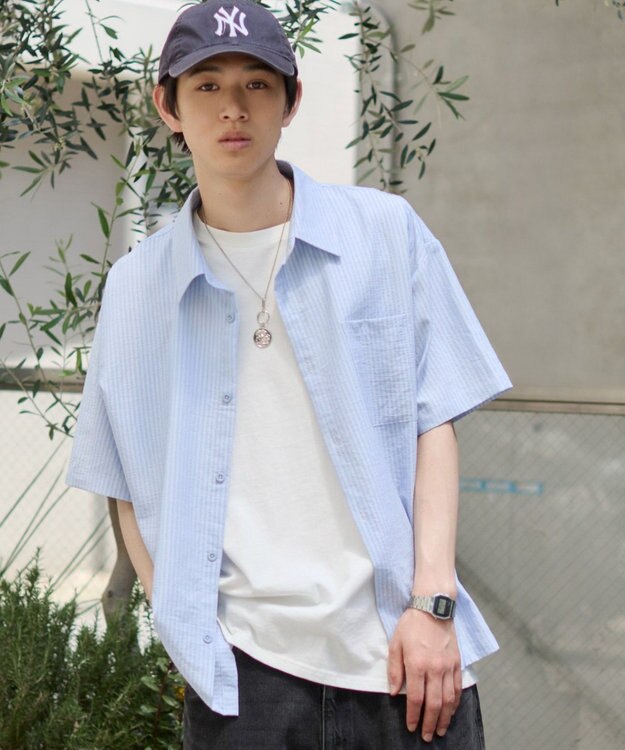 WEGO クロップドSSサッカーストライプシャツ サックス