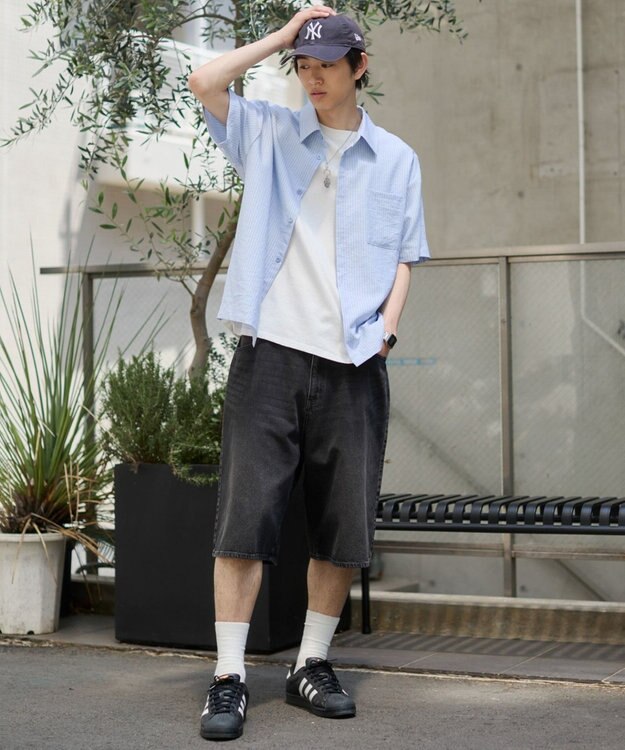 WEGO クロップドSSサッカーストライプシャツ サックス