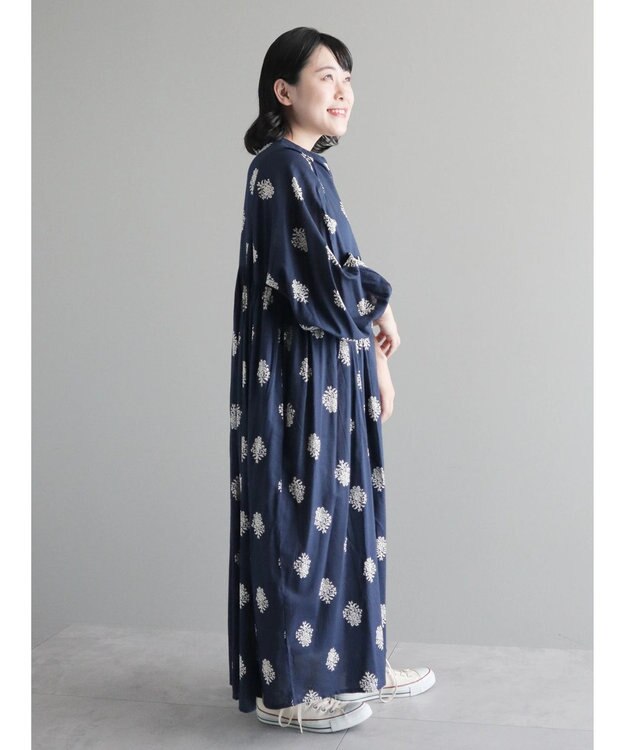 CRAFT STANDARD BOUTIQUE インド綿混フラワーモチーフワンピース Navy