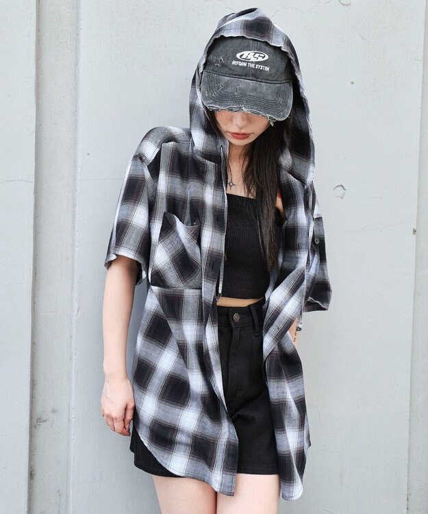 WEGO フードチェックBIGシャツ（S） ブラック