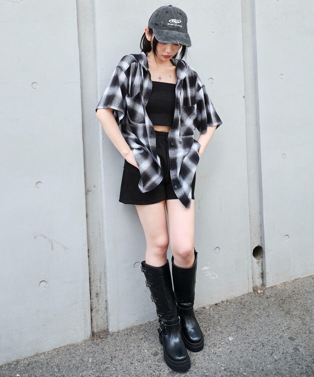 WEGO フードチェックBIGシャツ（S） ブラック