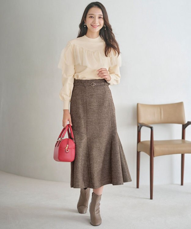 ANY SIS 【洗える】ラメツイードナローフレア スカート ブラウン系