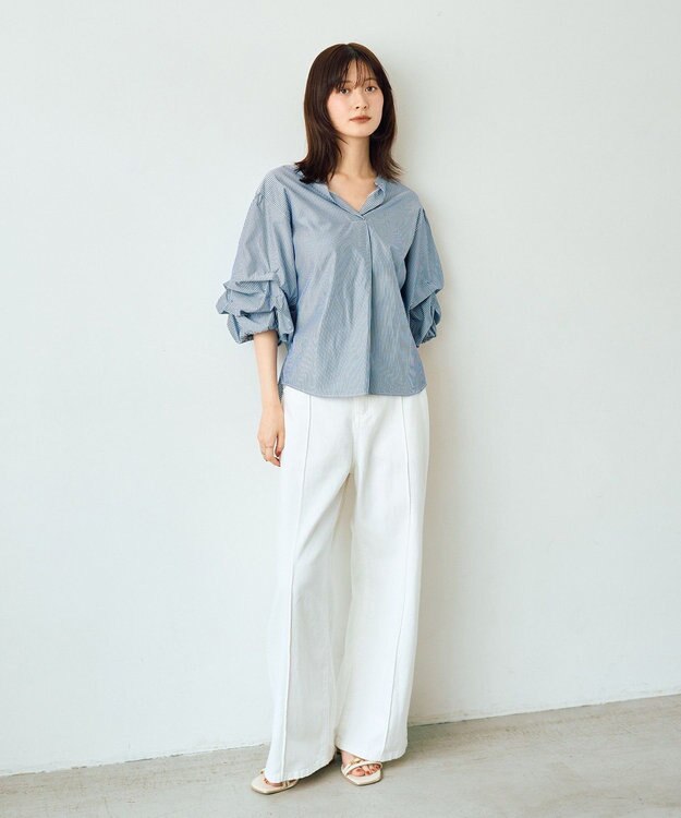 YECCA VECCA タックスリーブスキッパーブラウス Stripe Navy