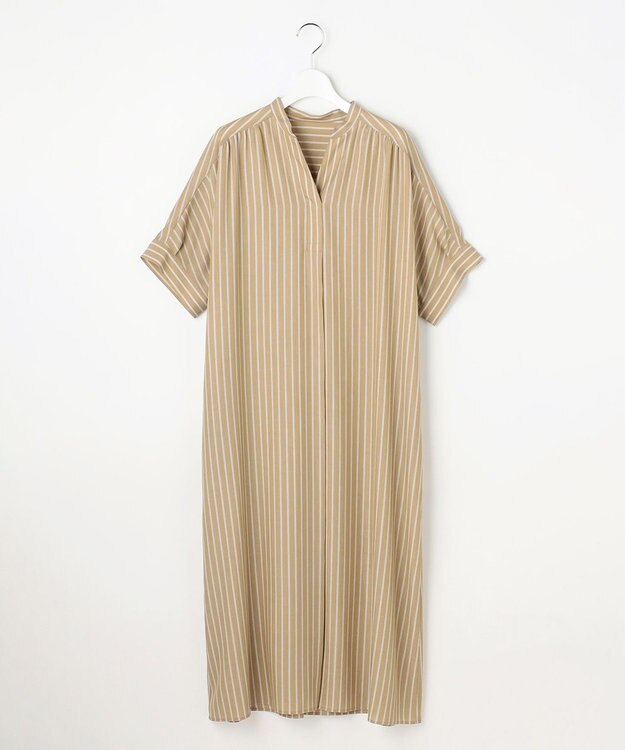 自由区 【接触冷感・UVケア・抗菌防臭・洗える】リヨセルポプリンシャツ ワンピース [新色]カーキ×オフストライプ