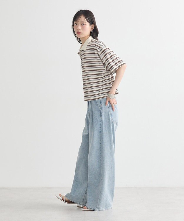 earth music&ecology レトロボーダーポロシャツ Border Blue