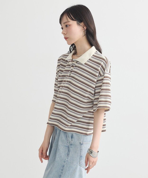 earth music&ecology レトロボーダーポロシャツ Border Blue