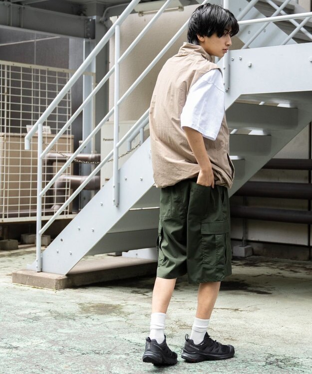 WEGO 【ウエストゴム/手洗い可】ワイドカーゴショーツ カーキ