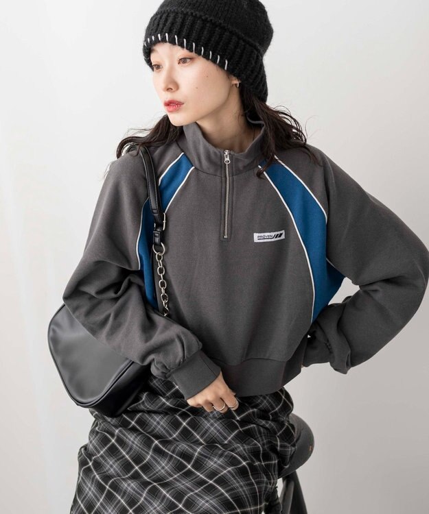 WEGO パイピング切替ショートハーフZIPスウェット スミクロ