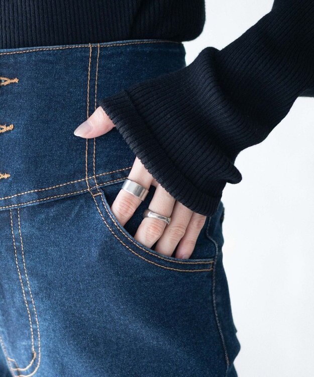 WEGO ハイウエストストレッチデニムフレアパンツ デニム濃色