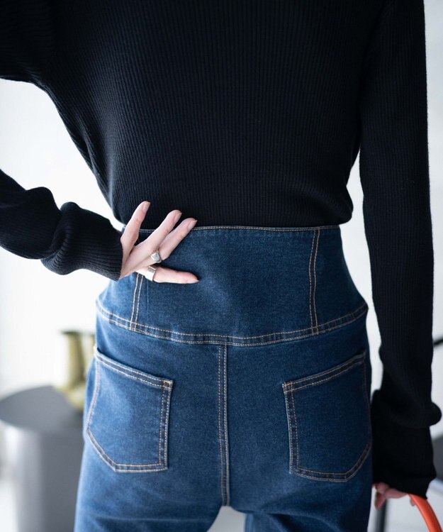 WEGO ハイウエストストレッチデニムフレアパンツ デニム濃色