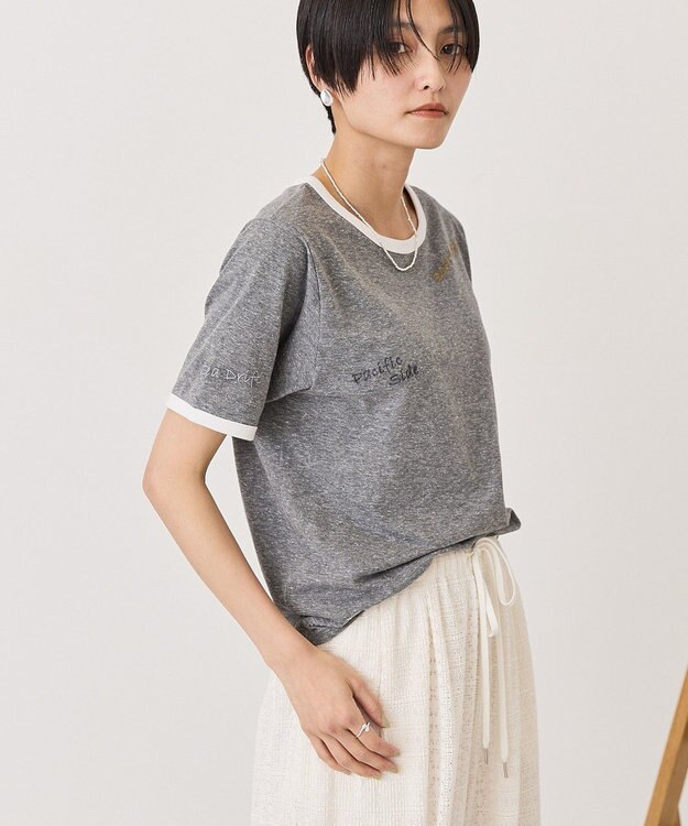 AMERICAN HOLIC ランダムロゴ刺繍リンガーTシャツ Charcoal Gray