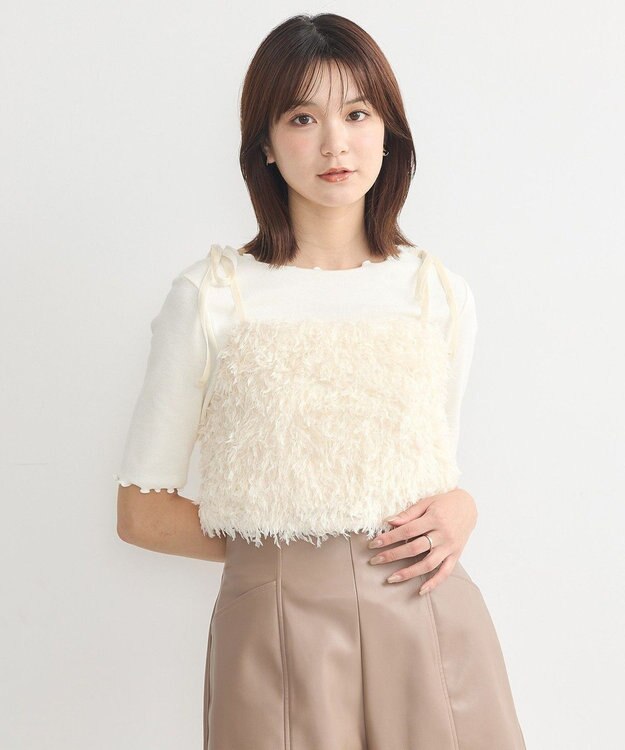 earth music&ecology ベロアリボンフェザービスチェ Ivory