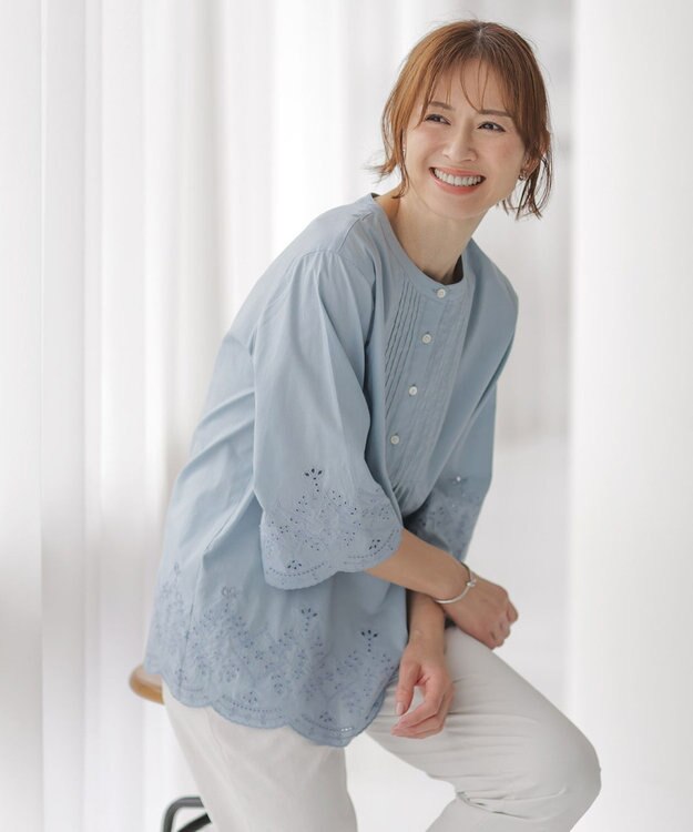 J.PRESS LADIES 【洗える】セルロースライト刺繍 ピンタック ブラウス ブルーグリーン系