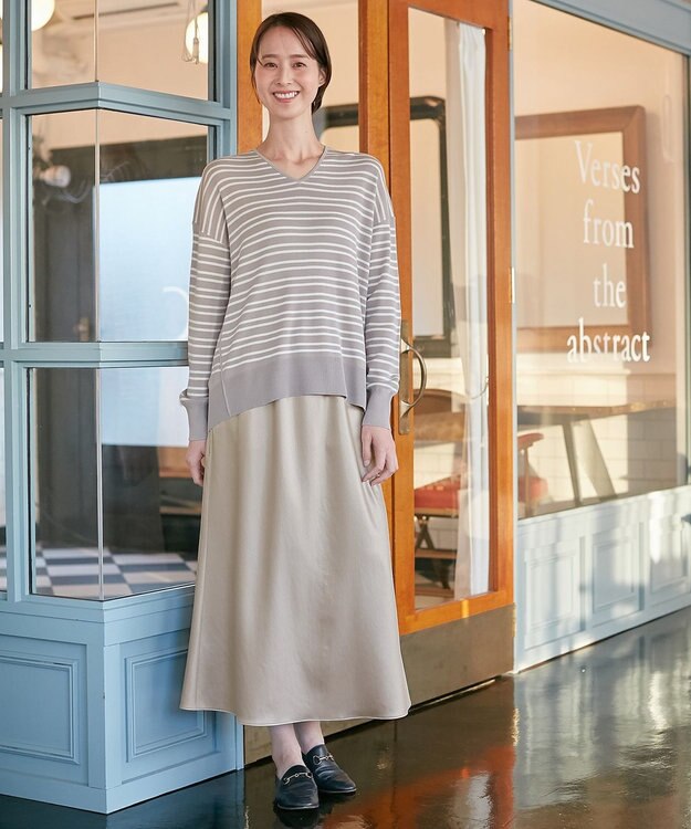 自由区 【XSサイズ～/洗える/セット着用可】ドライコットンハイゲージVネック ニット ベージュ系1