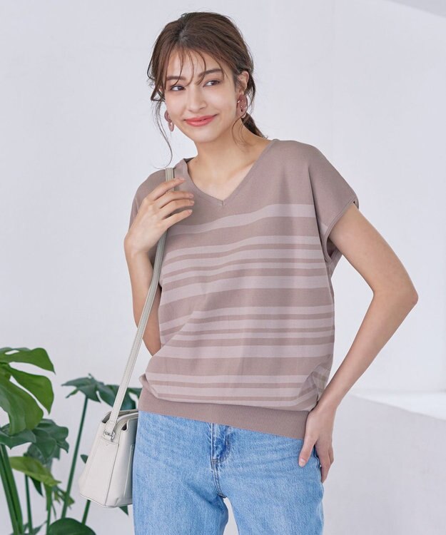 Tiaclasse L 【洗える】マルチボーダーフレンチスリーブニット ピンク×ライトピンク