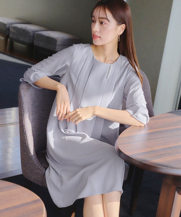 Tiaclasse L 【洗える】飴玉パールフレア袖ワンピース サックス