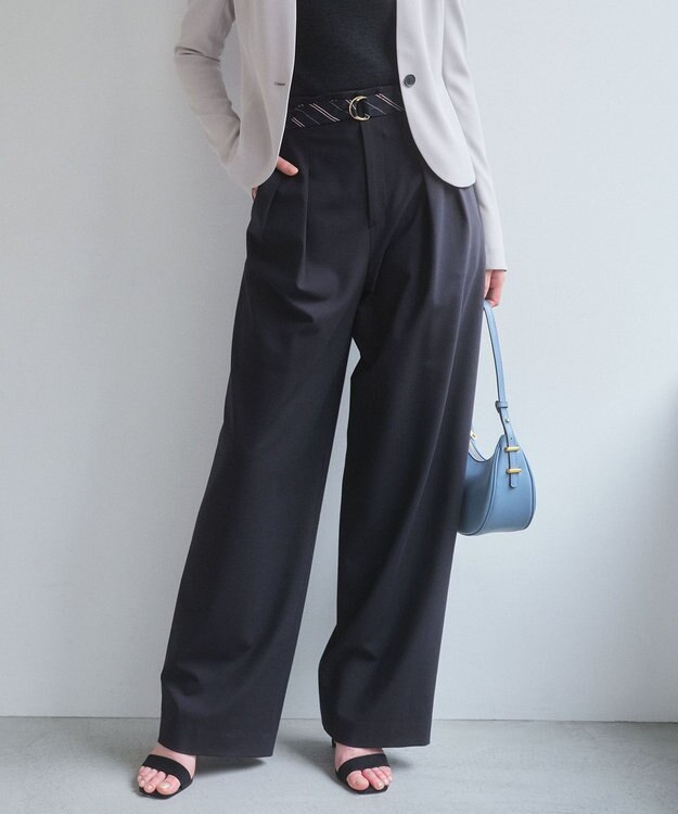 BEIGE， ZEPHYR / ベルト付き 2タックワイドパンツ Navy