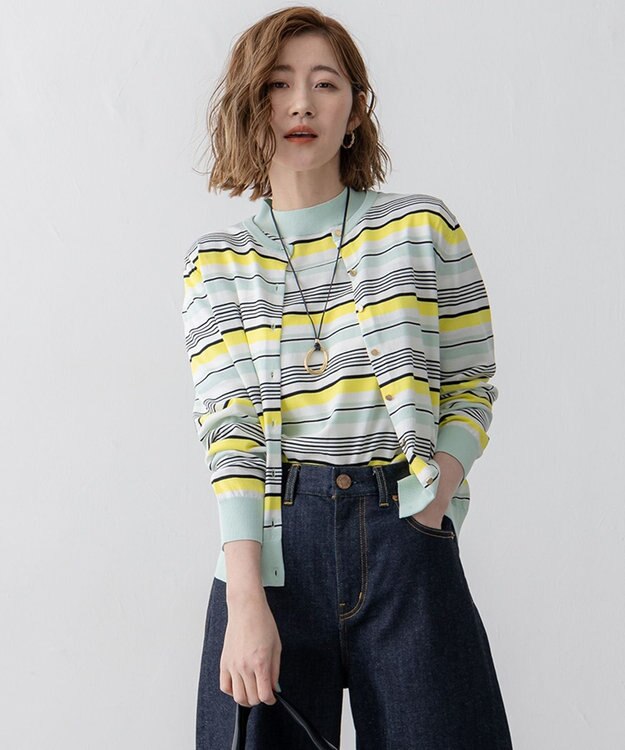 23区 【洗える】プレミアムビオコットン マルチボーダー カーディガン ミントベース