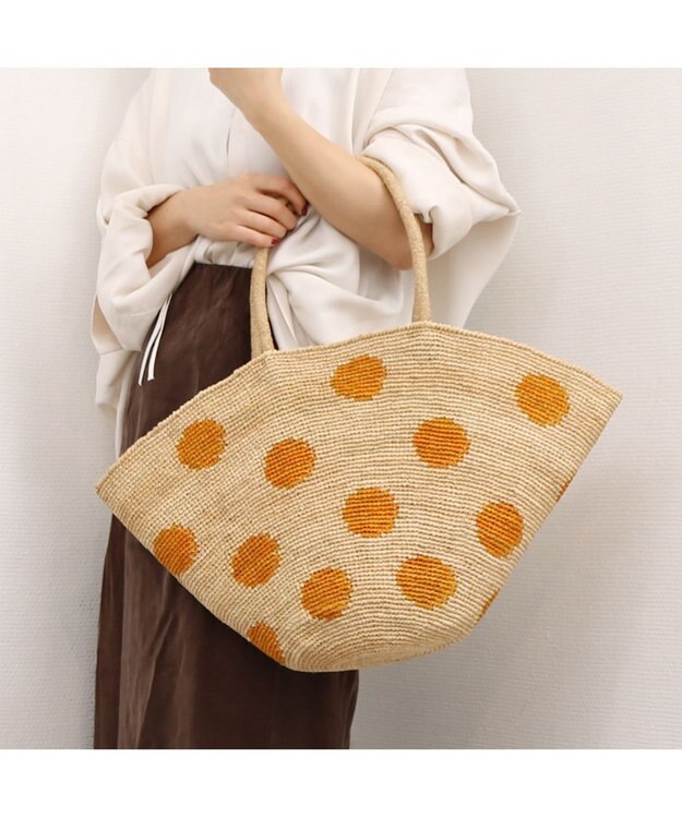UNBILLION カシュカシュ cachecache / ドット柄ラフィアビッグトートバッグ カゴバッグ イエロー