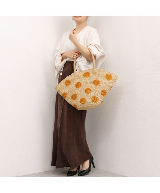UNBILLION カシュカシュ cachecache / ドット柄ラフィアビッグトートバッグ カゴバッグ イエロー