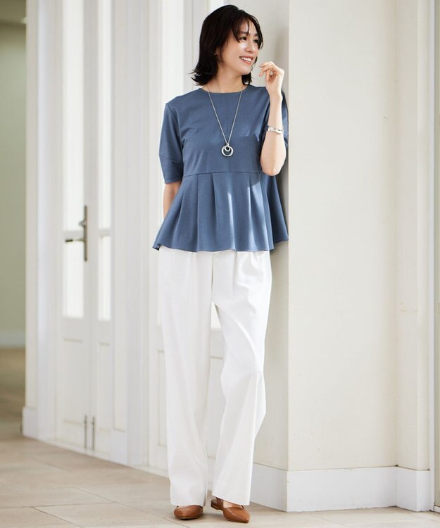 自由区 【接触冷感・UVカット・吸水速乾・抗菌防臭・洗える】ハイツイストポンチペプラム カットソー ブルーグレー