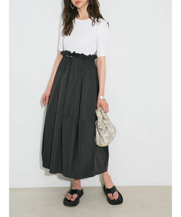 Green Parks ランタン型ニットドッキングタフタワンピース Off White