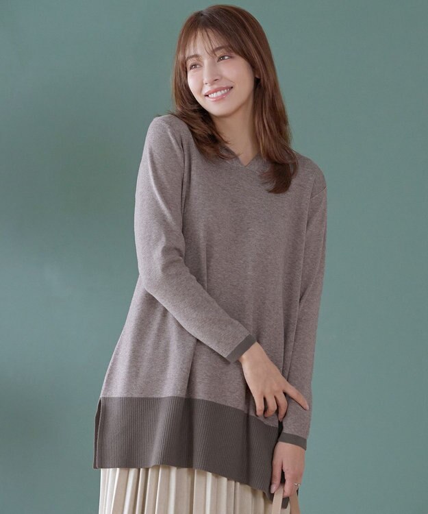 Tiaclasse メランジ配色フーディーニットチュニック モカ