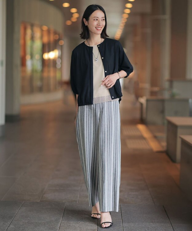 J.PRESS LADIES S 【WEB限定カラーあり】リネンレーヨン 柄 ワイドパンツ ネイビーストライプ系