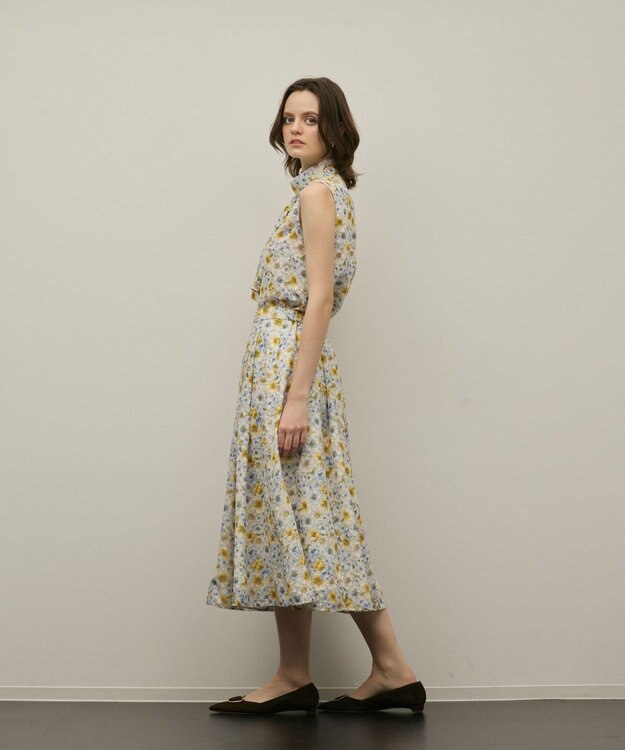 GRACE CONTINENTAL シアーフラワープリントジャガードフレアスカート イエロー