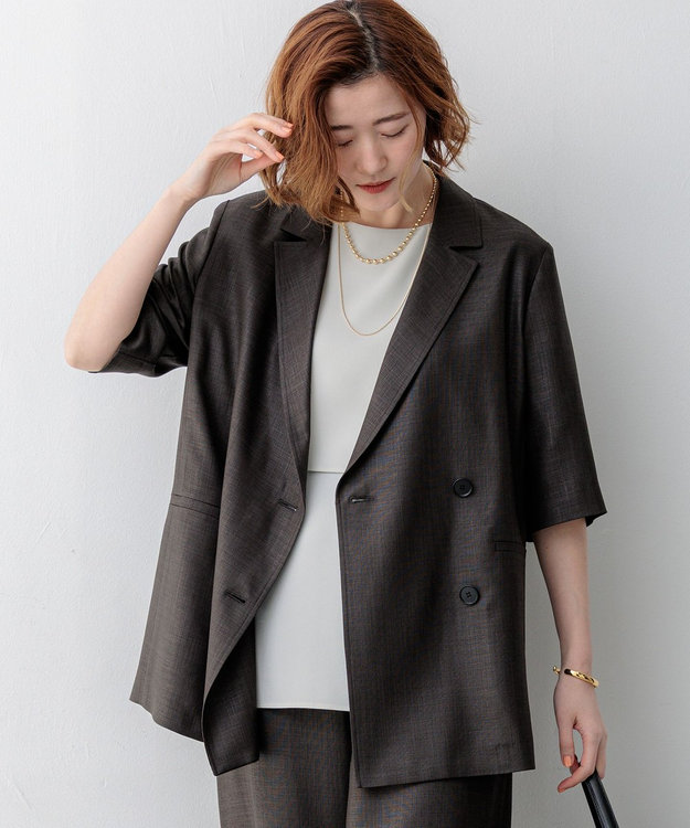 23区 【先行予約】リネンライクグロッシー ハーフスリーブ ダブル ジャケット グレー系