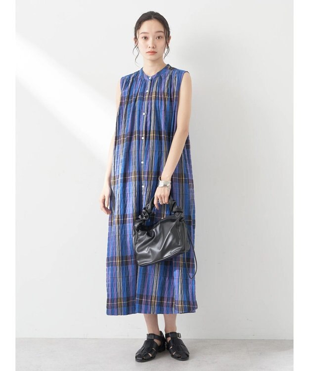 earth music&ecology 綿ＰＵクレープワンピース（ｃｈｅｃｋ柄） Blue